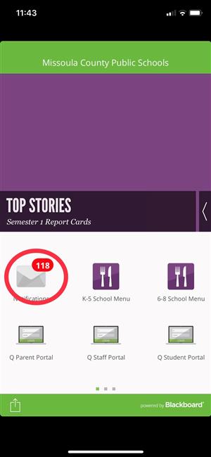 Screen shot of the mobile app view with a red circle around the notifications icon 